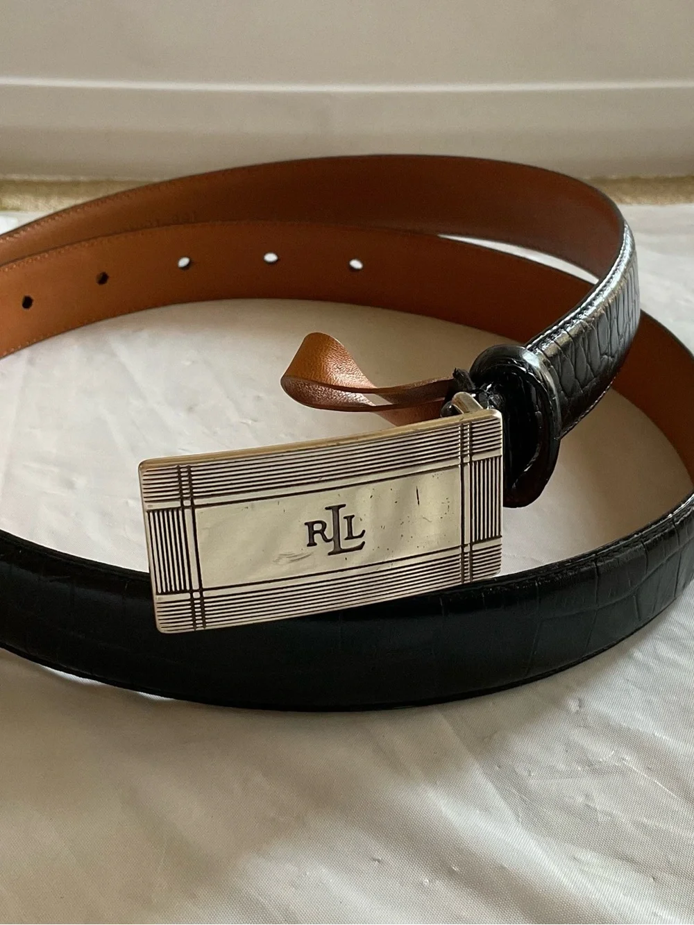 Lauren Ralph Lauren Black Leather Belt Rectangle Engine-Turned Plague Buckle XL